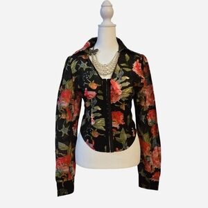 Bebe Corset Top Women 10 Hook Eye Sheer Floral Print Long Sleeve Blouse Romantic